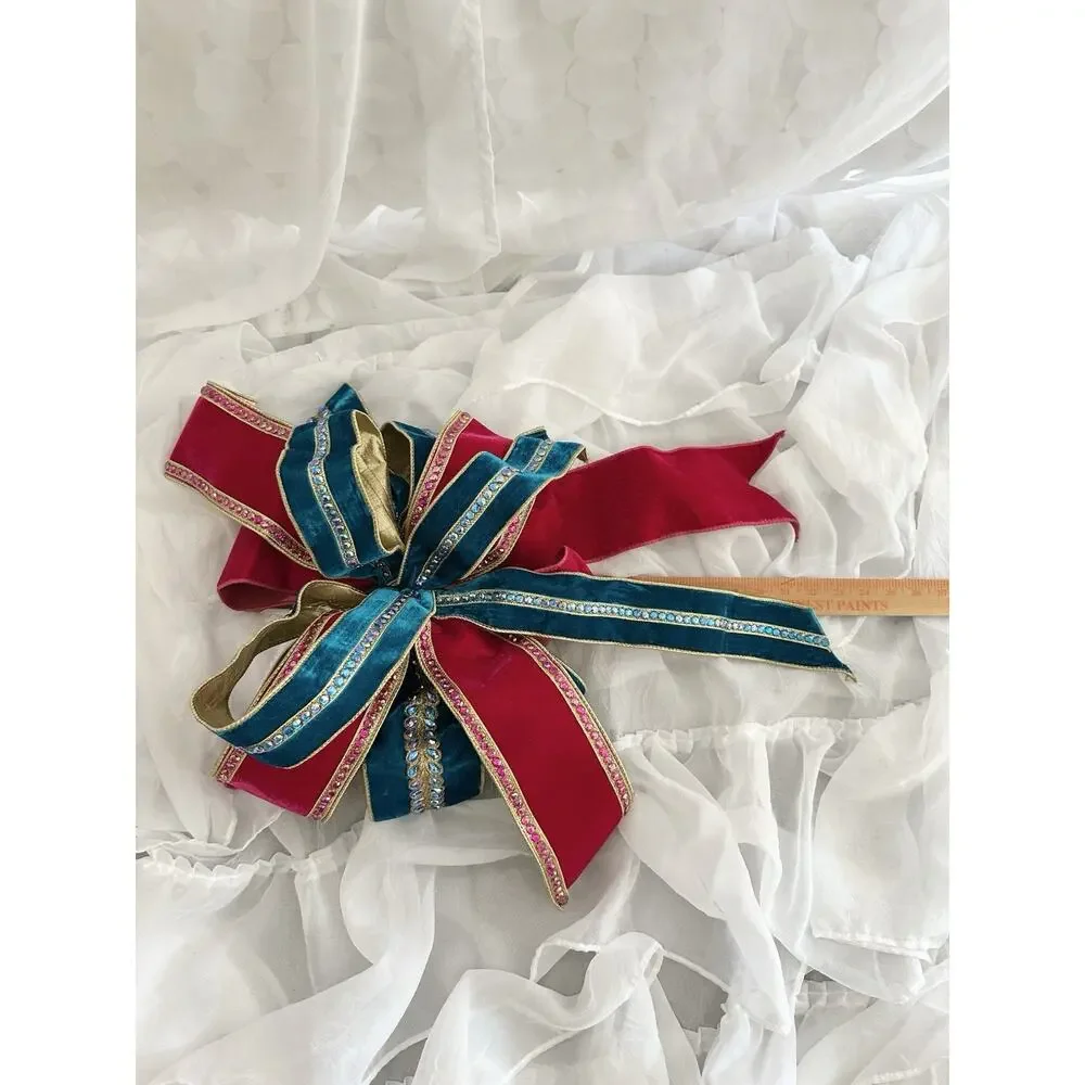 LARGE Handmade Velvet Crystal Christmas Bows Pink Blue Gold Tree Wreath Decor